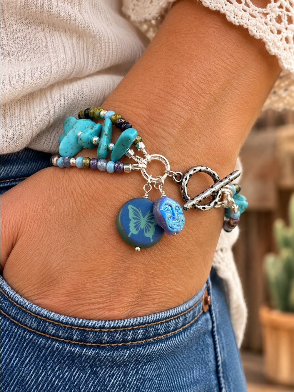 Hand Crafted Boho Southwestern Multi Strand Chunky Turquoise Howlite Bracelet